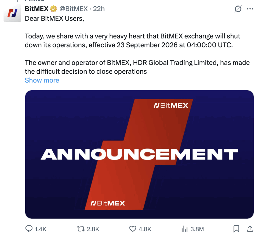 Crypto exchange BitMEX houdt op te bestaan per september dit jaar