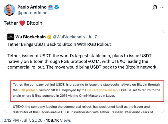 Tether keert terug op de Bitcoin Blockchain. USDT is hiermee te verzenden via de Bitcoin blockchain 