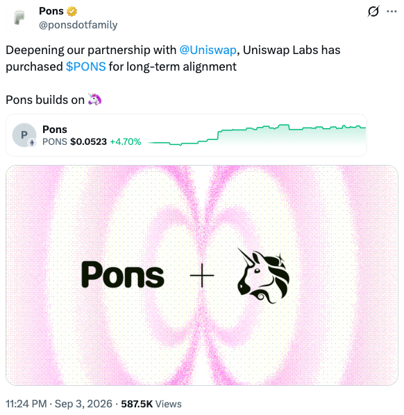 Uniswap koopt $PONS tokens en is voornemens deze lang aan te houden 