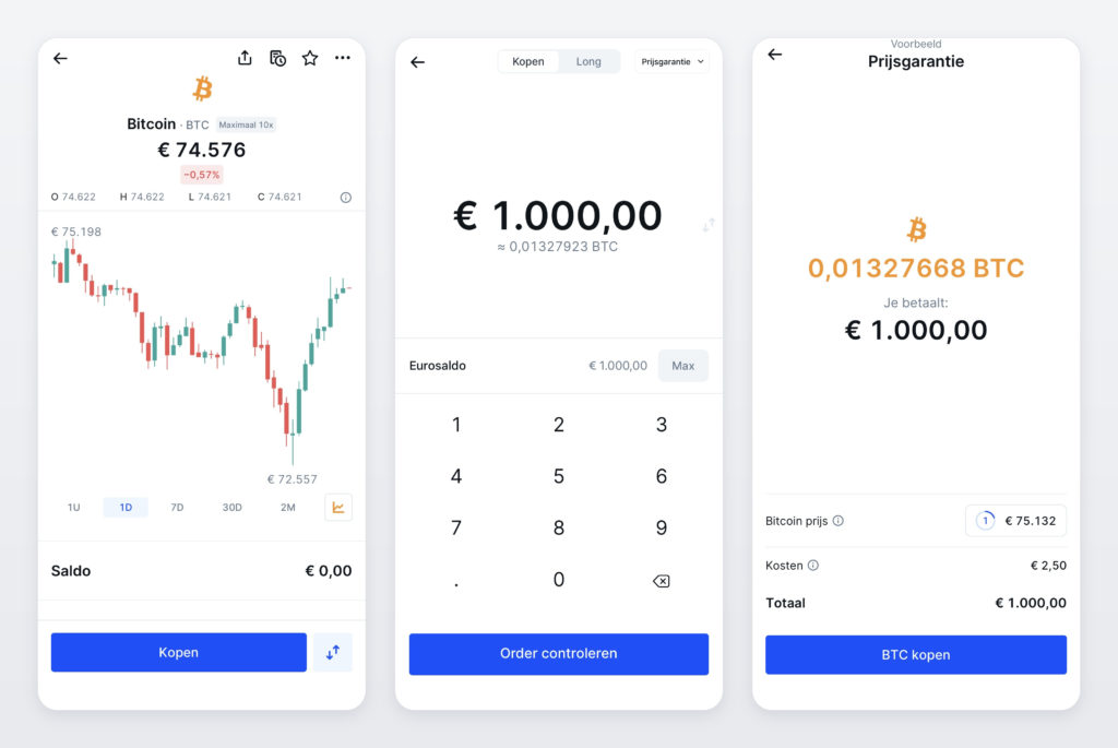Bitcoin kopen via de normale (makkelijke) modus van de Bitvavo app. Je kiest Bitcoin, vult het bedrag in euro's in en ziet precies vooraf hoeveel BTC je krijgt en wat je betaalt aan kosten. Met Prijsgarantie staat de koers een paar seconden vast, zodat je niet voor verrassingen komt te staan.